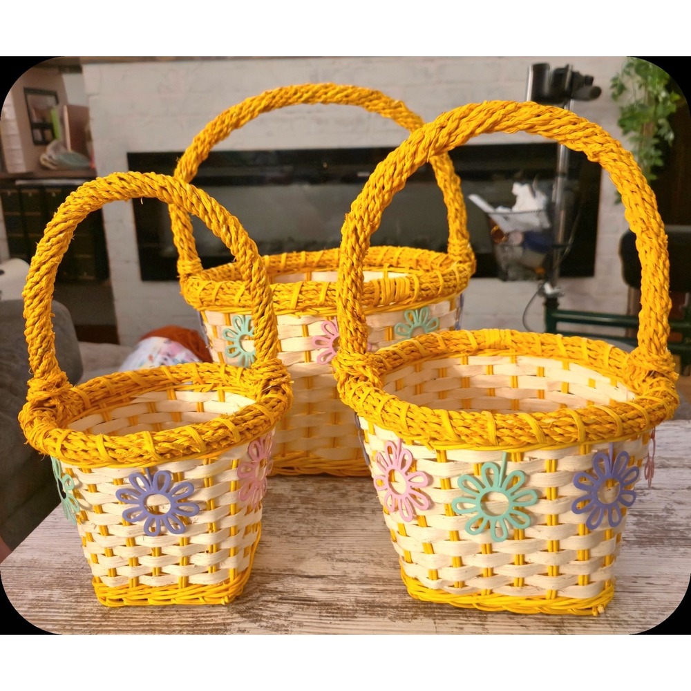 Set of 3 Easter Baskets Yellow Wicker Pastel Flowers Graduated Spring Decor